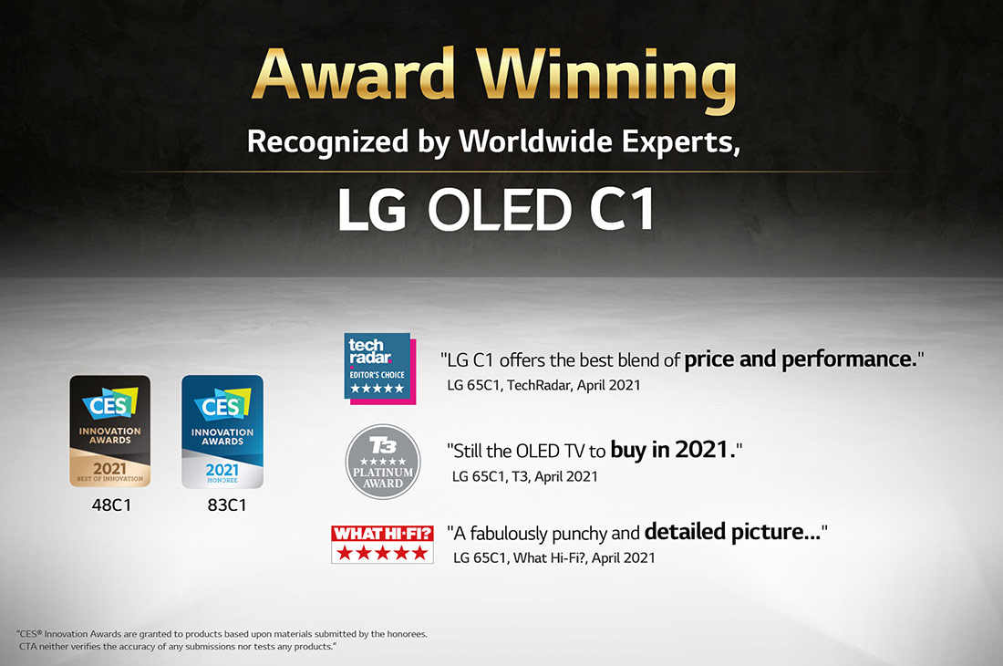 LG تلفزيون OLED مقاس 65 بوصة من مجموعة C1، بتصميم الشاشة السينمائية 4K وتقنية HDR السينمائية ومنصة WebOS الذكية وميزة تعتيم البكسل ThinQ AI, Award winning information for LG OLED C1, OLED65C1PVB, thumbnail 12