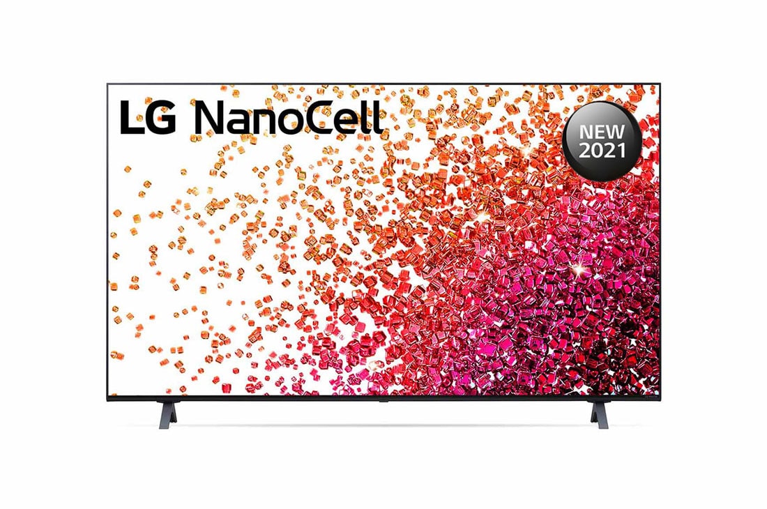 LG تلفزيون NanoCell 55 بوصة من مجموعة NANO75، بتصميم الشاشة السينمائية 4K بتقنية HDR السينمائية ومنصة WebOS الذكية مع تقنية ThinQ AI, منظر أمامي لتلفزيون NanoCell من إل جي, 55NANO75VPA