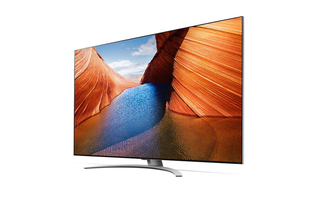 LG تلفزيون LG QNED بحجم 86 بوصة من سلسلة QNED99، بتصميم شاشة سينمائية، بدقة ووضوح 8K بتقنية Cinema HDR،  مع تقنية الذكاء الاصطناعي ThinQ وتقنية Mini LED, مظهر جانبي + 45 درجة مع ملء الصورة, 86QNED996QB, thumbnail 3