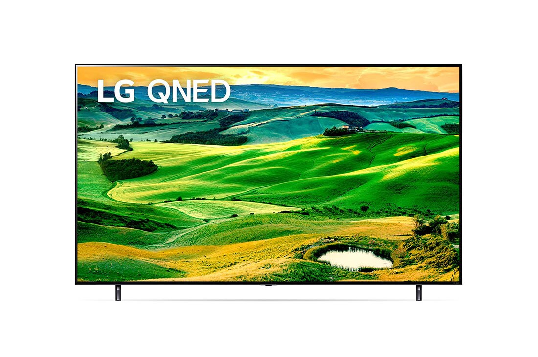 LG تلفزيون ال جي QNED مقاس 86 بوصة من سلسلة QNED80 مع 4K HDR مع تكنولوجيا ThinQ AI. , مظهر أمامي لتلفزيون QNED من إل جي مع صورة ملء الفراغات وشعار المنتج, 86QNED806QA