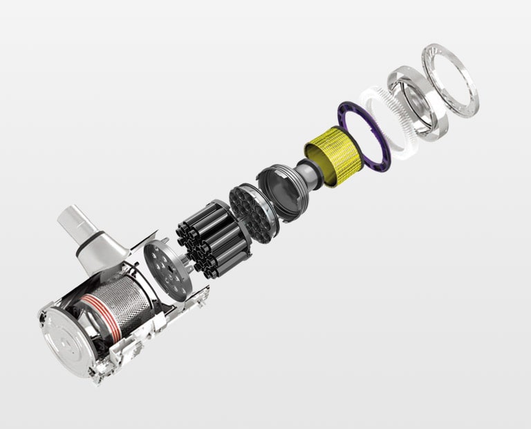 تم فصل نظام الترشيح المكون من 5 خطوات للمنتج وعرضه بأسهم وكلمات تشير إلى كل خطوة من خلال: الأسطوانة الأولى، مرشح الغبار المعدني، الأسطوانة الثانية، المرشح الأولي، مرشح الغبار الناعم.