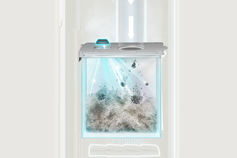 تُظهر الصورة الرسومية شكل مصباح LED الخاص بالأشعة فوق البنفسجية أثناء عمله ومكان وجوده داخل المكنسة الكهربائية.