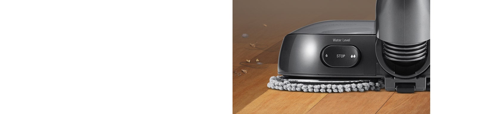 صورة توضح زر التحكم في إمدادات مياه المكنسة الكهربائية ثلاثي الخطوات. تتكون من الخطوة 1 والخطوة 2 وإغلاق الماء.