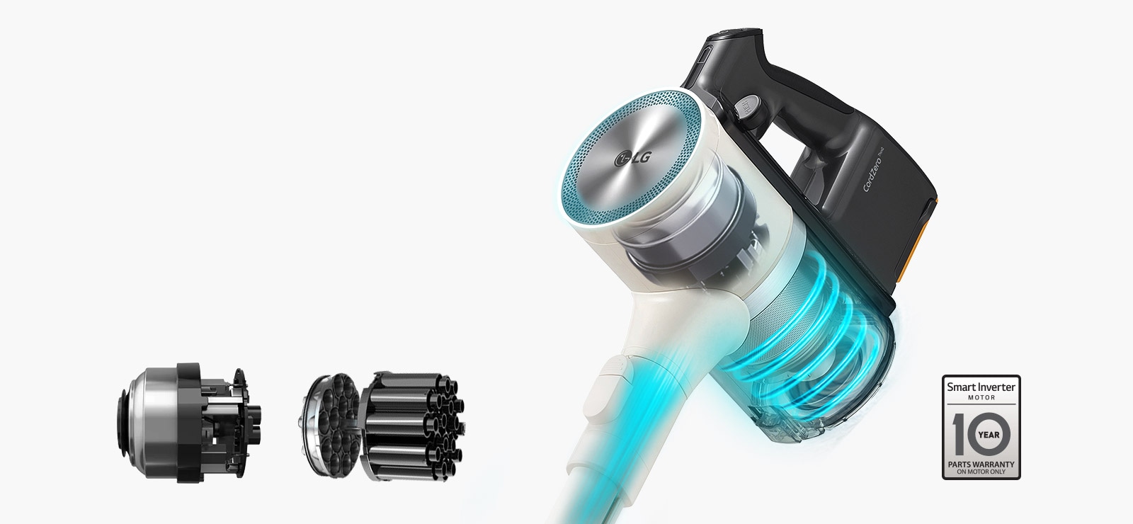 تُظهر الصور التوضيحية المحرك العاكس الذكي والشفط المحوري السريع. بالإضافة إلى ذلك، فإن رأس المكنسة وأجزائها مصنوعان من مواد شفافة لإظهار المحرك العاكس الذكي المركب بالداخل.