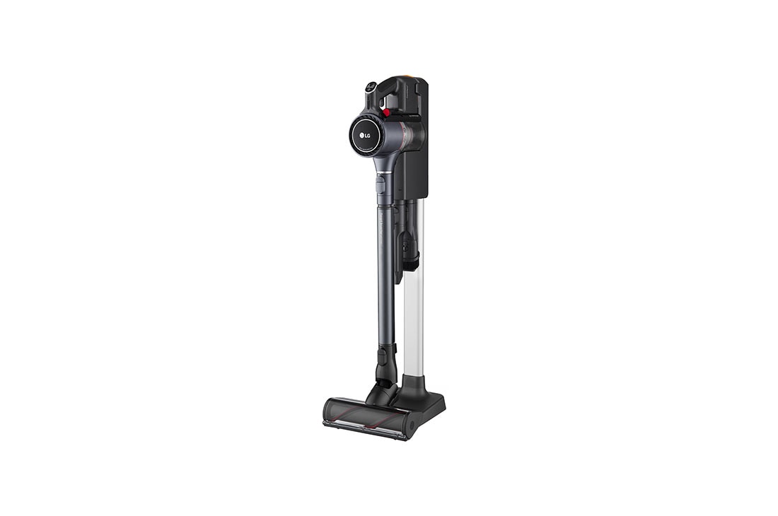 LG CordZero™ A9  المكانس الكهربائية أسود شفط قوي Kompressor® حامل الشحن المتحرك, منظر من الجانب الأيمن لحامل المكنسة الكهربائية وفوهة المكنسة الكهربائية للسجاد, A9K-CORE2