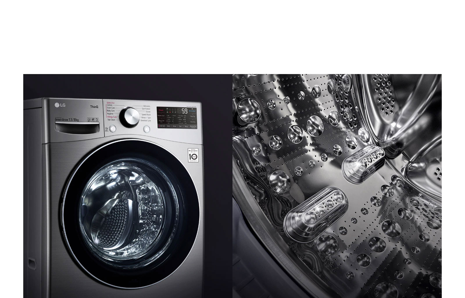 توضح الصورة الأولى الجزء الأمامي من غسالة ذات حمولة أمامية مع التركيز على الباب الزجاجي المقوى. تُظهر الصورة الثانية الجزء الداخلي من الحوض مع التركيز على تصميم الفولاذ المقاوم للصدأ.