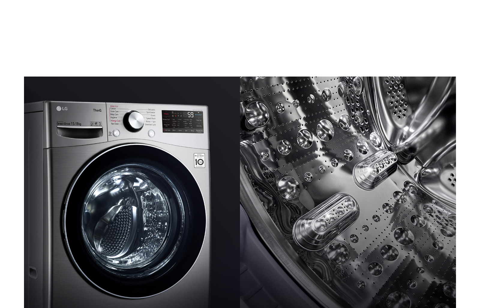 توضح الصورة الأولى الجزء الأمامي من غسالة ذات حمولة أمامية مع التركيز على الباب الزجاجي المقوى. تُظهر الصورة الثانية الجزء الداخلي من الحوض مع التركيز على تصميم الفولاذ المقاوم للصدأ.