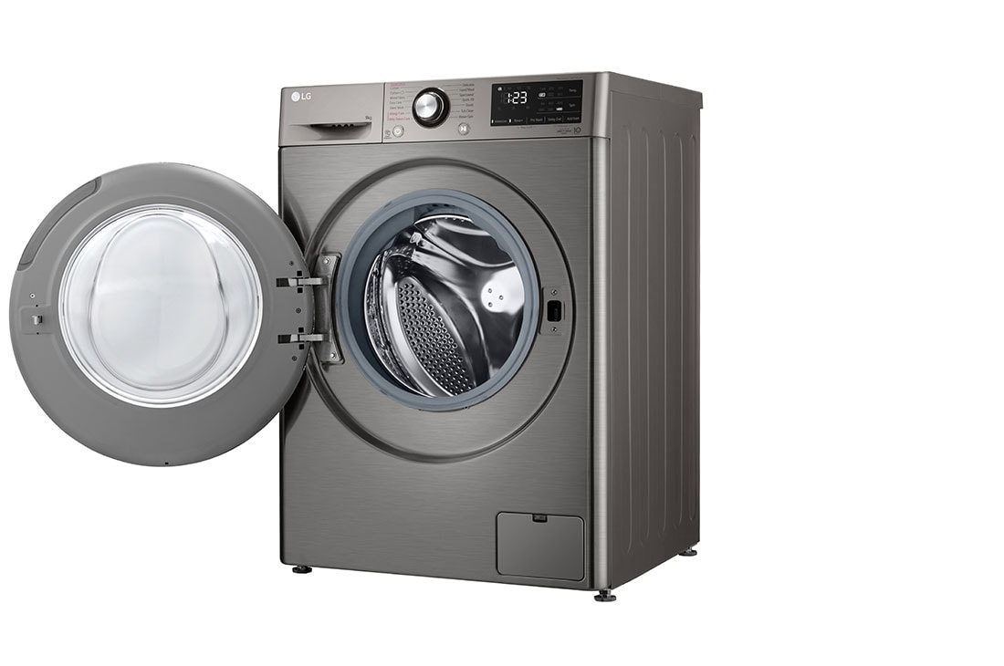 LG غسالة فيفاتشي من إل جي حجم 9 كيلو لون بلاتنيم, Left view with open door, F4R3VYG6P, thumbnail 11