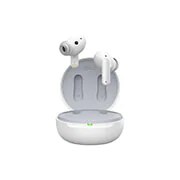 LG TONE Free FP5 - سماعات أذن لاسلكية عبر البلوتوث، ومحسّنة لإلغاء الضوضاء, يُفتح منظر أمامي للحامل وتطفو وسادات الأذن., TONE-FP5W, thumbnail 2