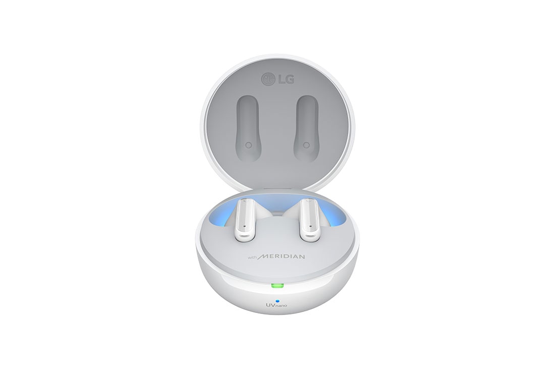 LG TONE Free FP8 - سماعات أذن لاسلكية بتقنية UVnano محسّنة لإلغاء الضوضاء, 'يُفتح منظر أمامي للحامل وتطفو وسادات الأذن., TONE-FP8W, thumbnail 2