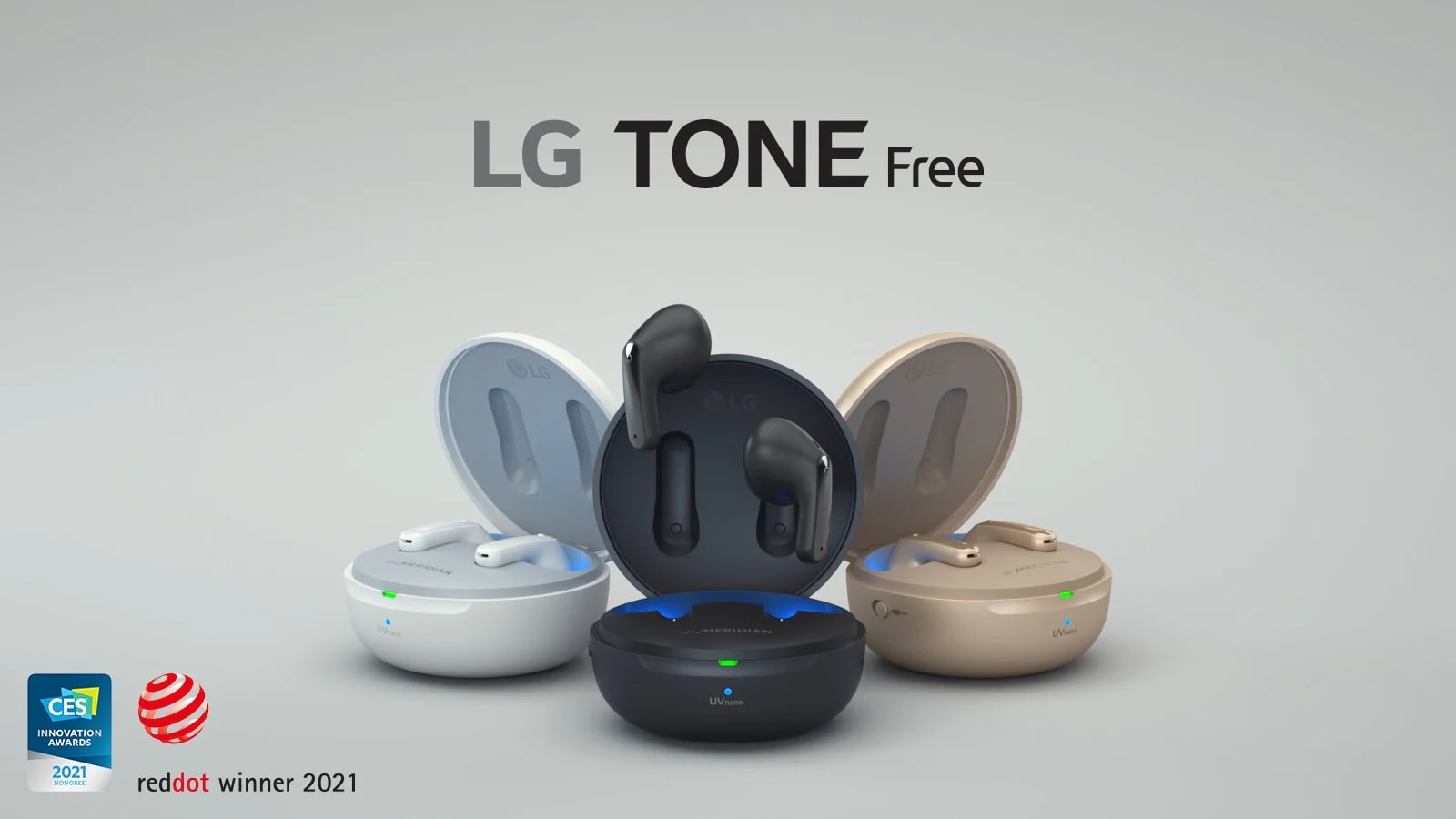 مقطع فيديو لسماعات الأذن وهي تطفو في الهواء حيث يتم فتح حوامل LG TONE Free باللون الأسود والذهبي والأبيض وتظهر نسخة من سلسلة LG TONE Free FP.