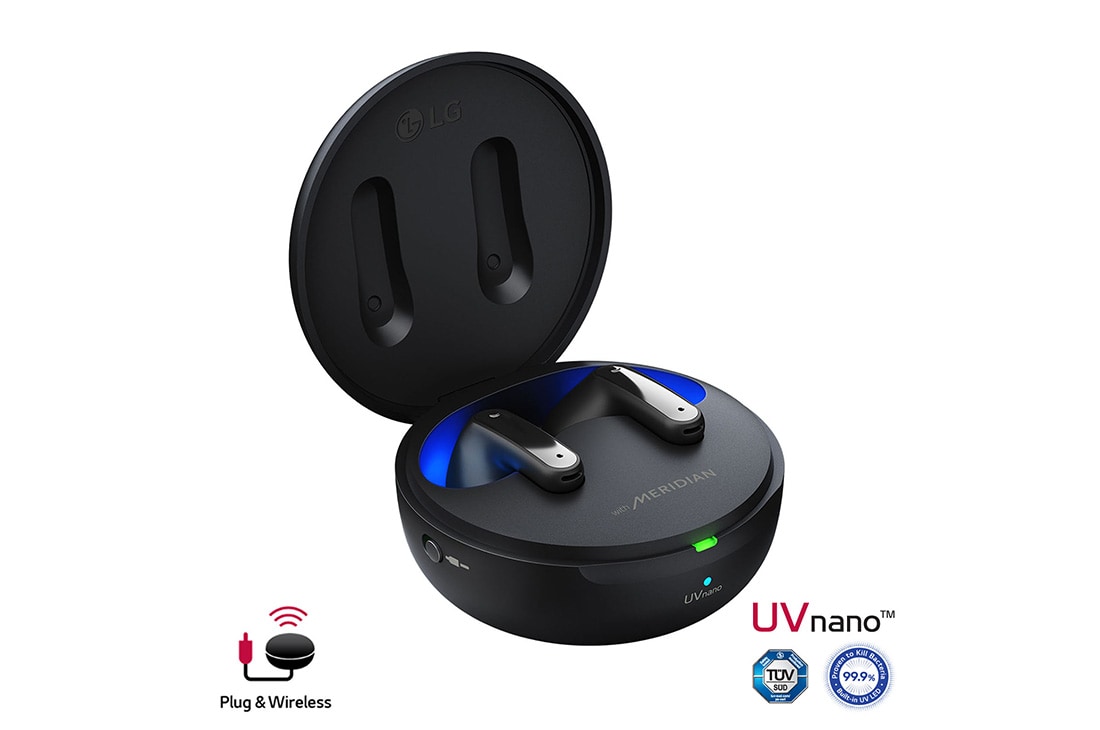 LG TONE Free FP9 - سماعات أذن لاسلكية UVnano بتقنية البلوتوث اللاسلكية, تم فتح زاوية 15 درجة للحامل مع إضاءة مزاجية وتزيينها بشعارات UVnano وPlug Wireless, TONE-FP9