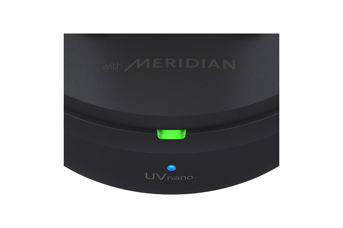 LG TONE Free FP9 - سماعات أذن لاسلكية UVnano بتقنية البلوتوث اللاسلكية, الجزء الأمامي من الحامل عن قرب وإضاءة الشحن قيد التشغيل., TONE-FP9, thumbnail 10