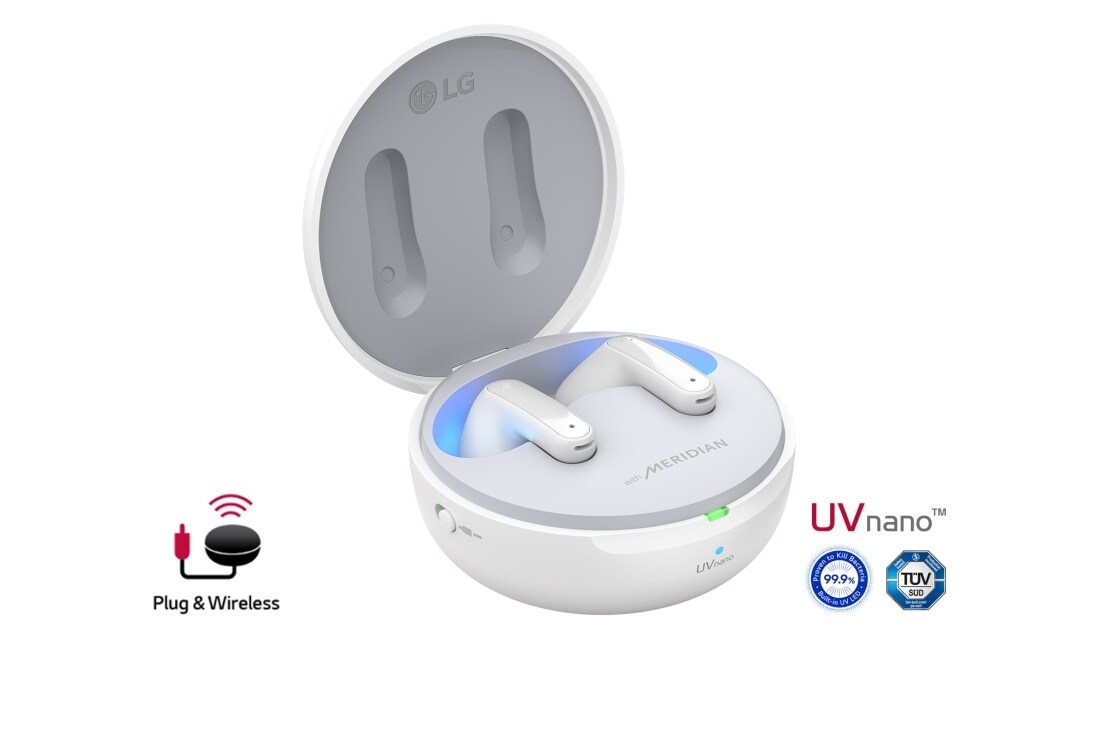 LG TONE Free FP9 - سماعات أذن لاسلكية UVnano بتقنية البلوتوث اللاسلكية, تم فتح زاوية 15 درجة للحامل مع إضاءة مزاجية وتزيينها بشعارات UVnano وPlug Wireless, TONE-FP9W