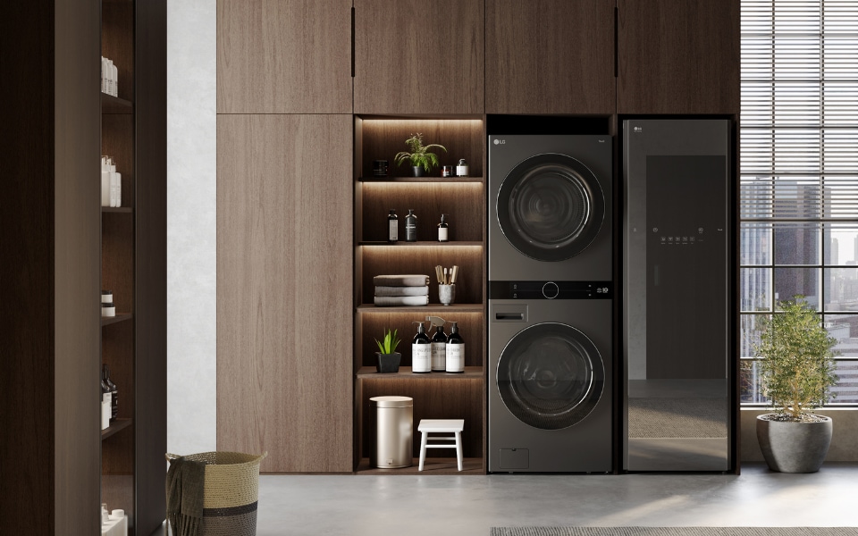 A modern laundry space with LG WashTower and stylish wooden cabinetry.