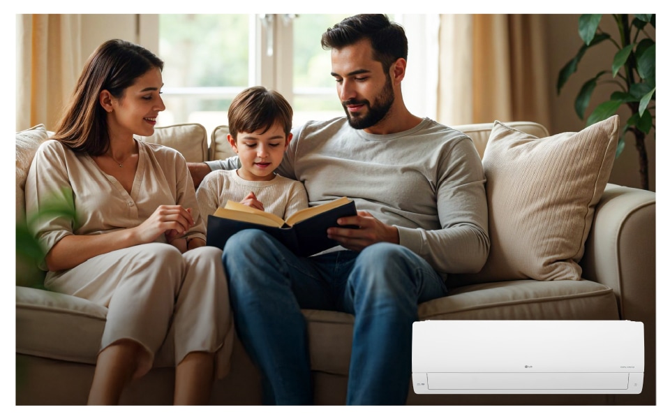 A family reads with their child on a sofa in a cozy living room, cooled by an LG DUALCOOL AC for comfort and efficiency.