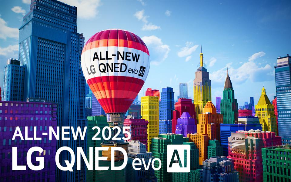 LG QNED evo AI 2025 TV with colorful cityscape and hot air balloon, showcasing vibrant color and AI innovation.