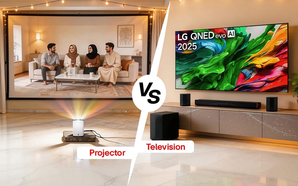 مقارنة بين جهاز عرض منزلي من إل جي وتلفزيون من إل جي باستخدام تقنية الشاشة المنقسمة.