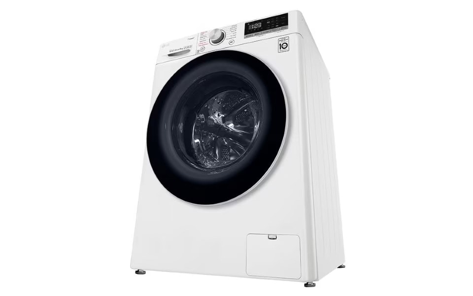 A white LG washing machine with a black door and digital display is shown at an angle.