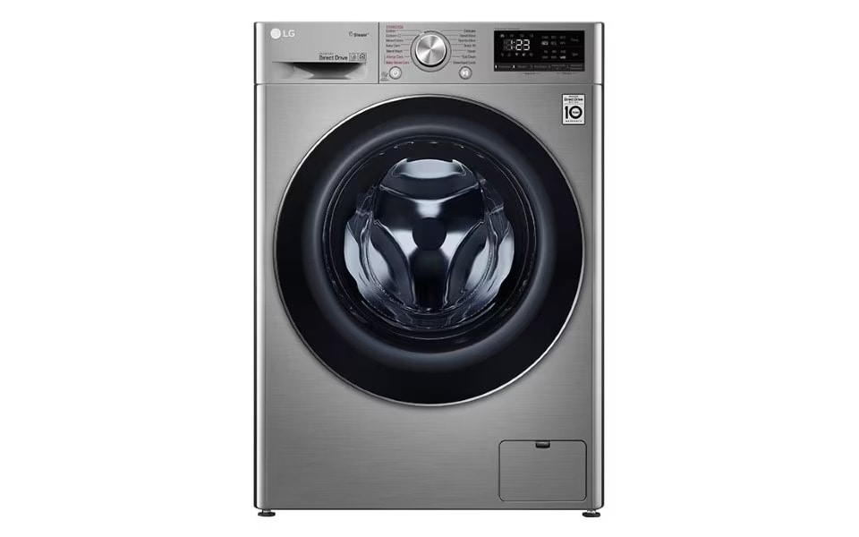 A sleek, modern LG washing machine in a brushed metallic finish, with a black circular door and digital display.