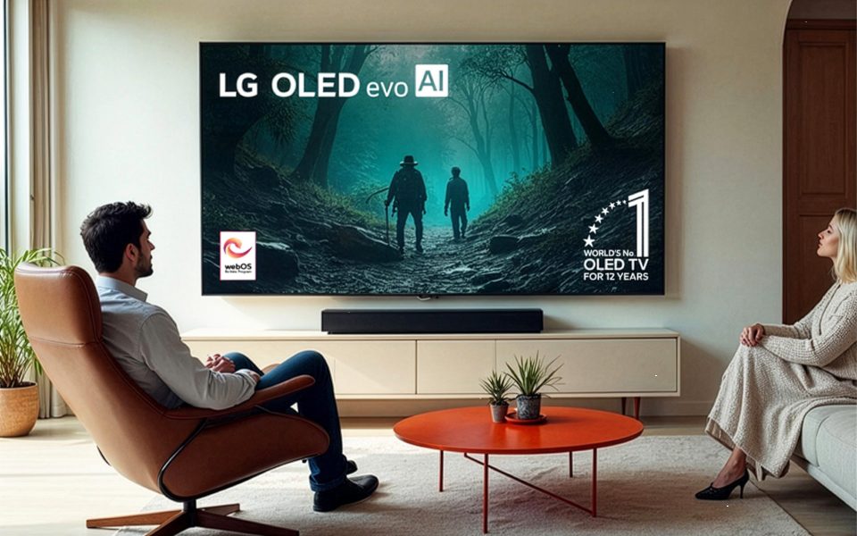 زوجان يشاهدان تلفزيون LG OLED evo AI كبير يعرض مشهداً سينمائياً لغابة في غرفة حديثة.