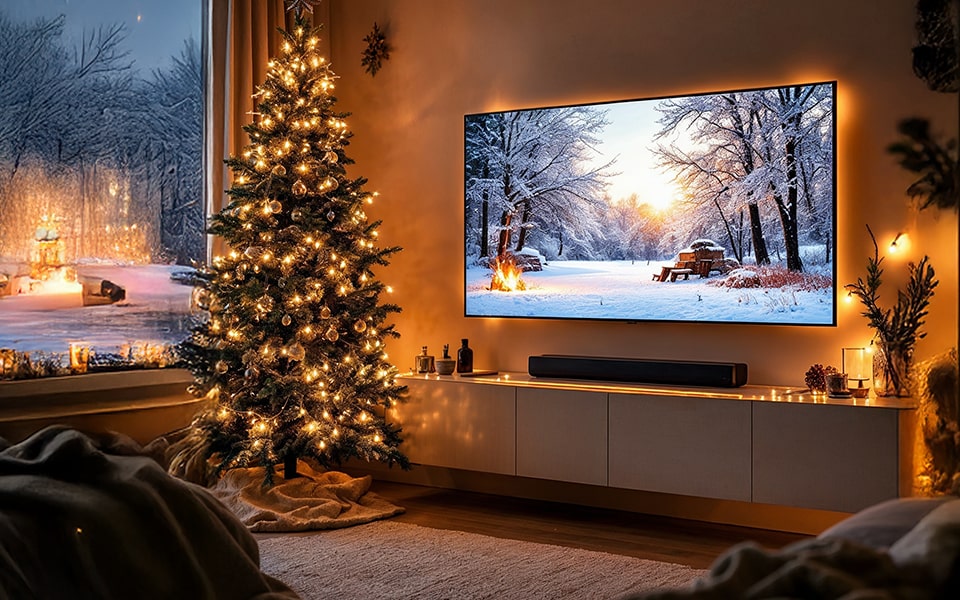 تلفزيون LG OLED كبير مثبت على الحائط في غرفة معيشة دافئة بمناسبة عيد الميلاد، بجوار شجرة مضاءة.