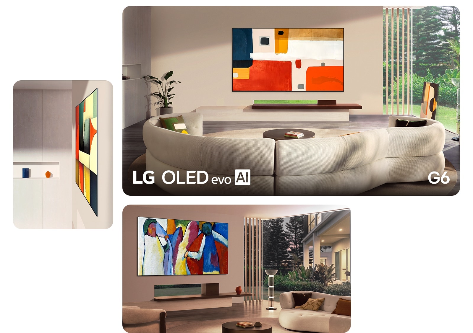 يعرض LG OLED evo AI G6 الذي يتميز بتصميم معرض متساطح بثلاثة مشاهد، مبرزا جانبه النحيف ومحاذاته السلسة للجدار، مع عرض أعمال فنية تجريدية جريئة تندمج بسلاسة في مساحات المعيشة الحديثة.