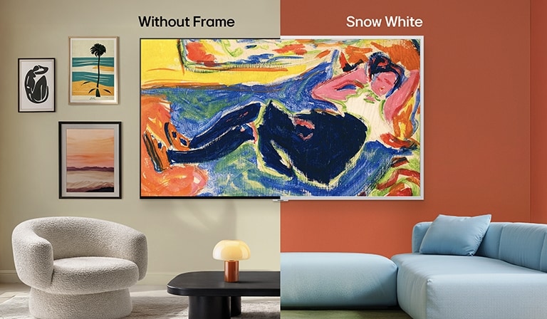 يعرض تلفزيون LG Gallery TV AI مع إطار LX7 ART TV، والذي يتميز بإطار Gallery قابل للتركيب، في عرض مقسم مع خيار الإطار باللون الأبيض الثلجي وبدونه، موضحا كيف يغير تبديل الإطار أجواء المساحة.