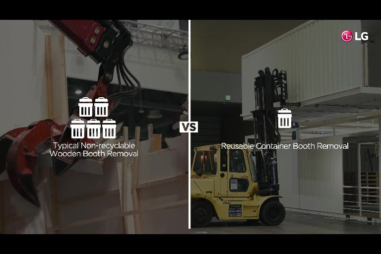 The video compares typical non-recyclable wooden booth removal process and reusable container booth removal process