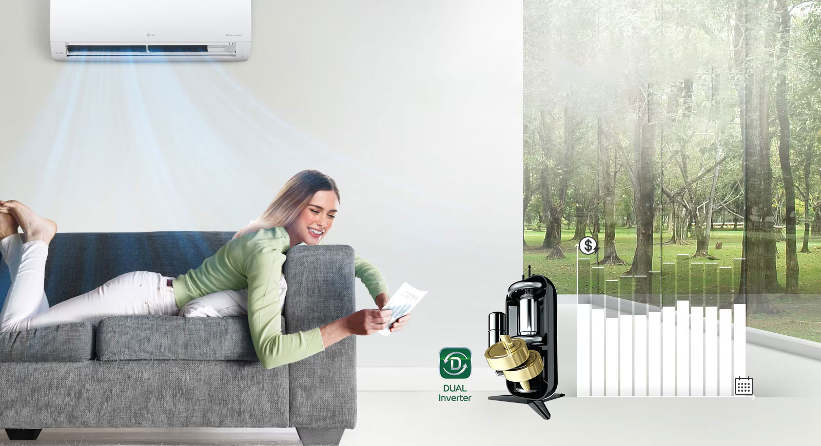 A woman lounges on a sofa smiling as the air conditioner blows air above her. To the right of the woman is the Dual Inverter logo and an image of the Dual Dual Inverter. Further to the right is a bar graph. The bars go up indicating more money spent and then go down to show that the dual inverter saves customers money.
