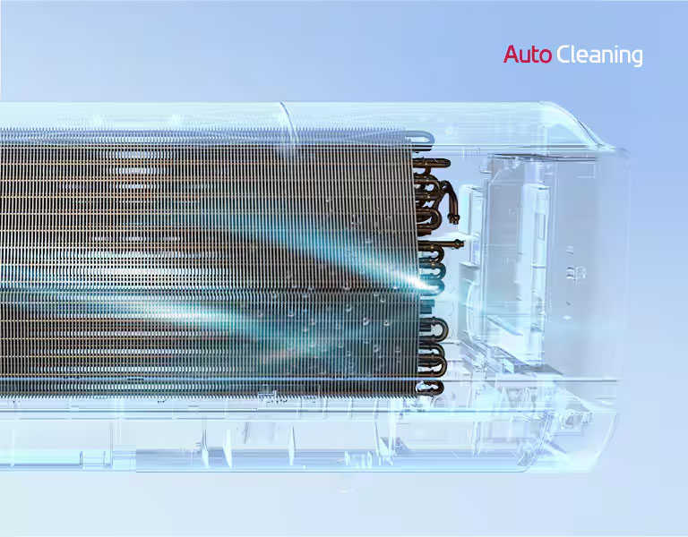 The front view of the LG air conditioner with the exterior completely invisible so the inner workings of the machine can be seen. The machine is working and then a blue light, the auto cleaning mechanism, turns on and washes across the machine with a blue light. The AutoCleaning logo is in the upper right corner.