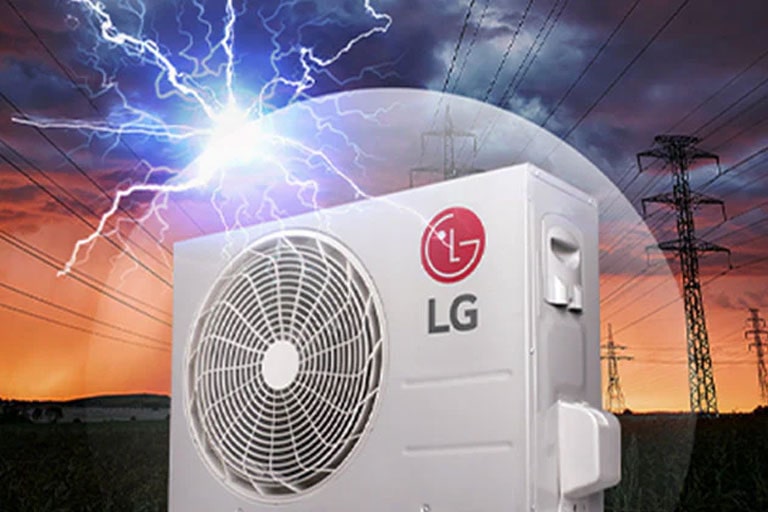 The LG fan that is outside of the house is shown with a dark lightning sky in the background. The LG Logo can be seen on the side of the engine.