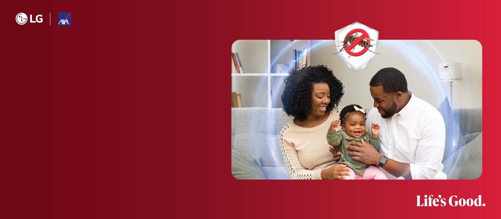 Family enjoying LG and AXA mosquito care solution in a living room with mosquito protection graphic.