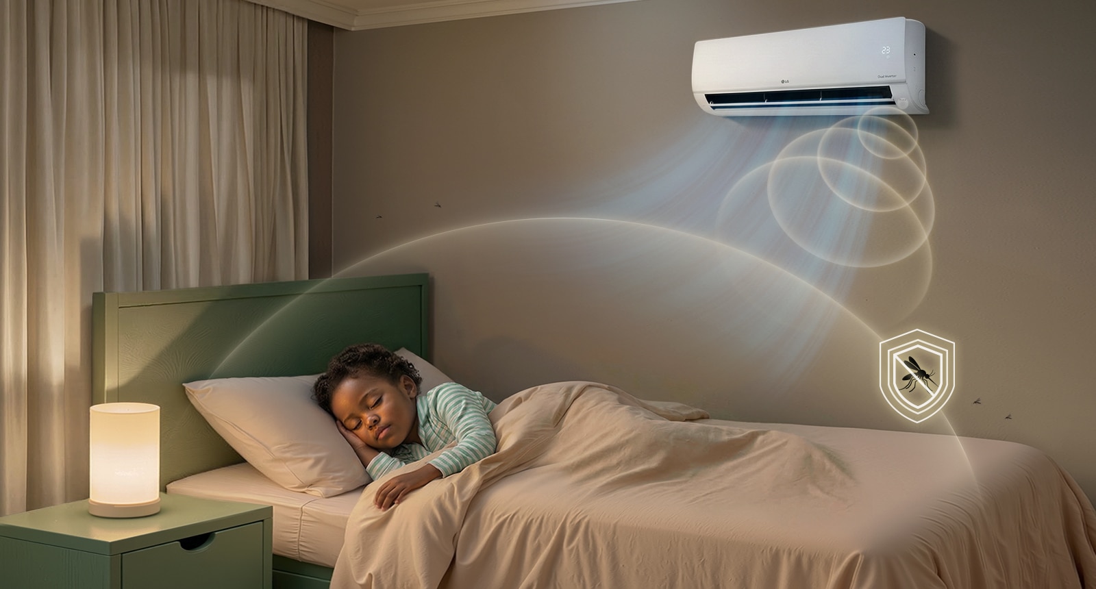 A child sleeping peacefully as a wall-mounted AC emits soft ultrasonic waves to protect against mosquito bites.	