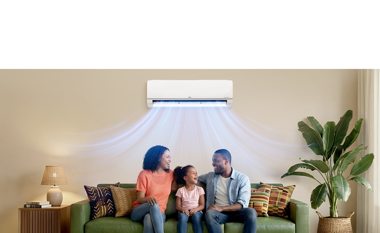 A happy family enjoys wide airflow from an AC with Power Mode, featuring 16°C cooling, auto swing, and non-stop operation.	