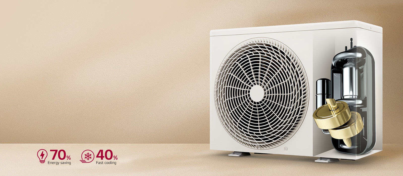 Outdoor AC unit showing a DUAL Inverter Compressor with 70% energy saving, 40% faster cooling, and a 10-year warranty badge.	