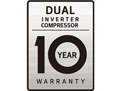Outdoor AC unit showing a DUAL Inverter Compressor with 70% energy saving, 40% faster cooling, and a 10-year warranty badge.	