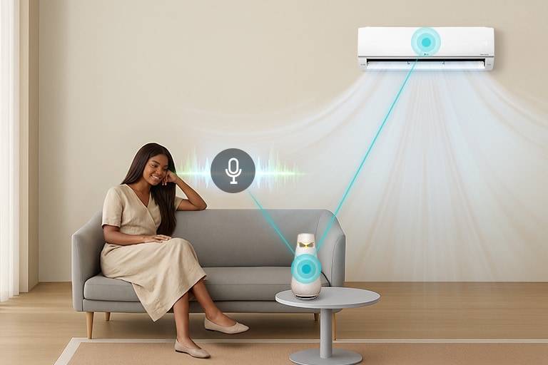 A woman using a voice assistant speaker to control an LG AC via the ThinQ app, shown with connectivity icons.	