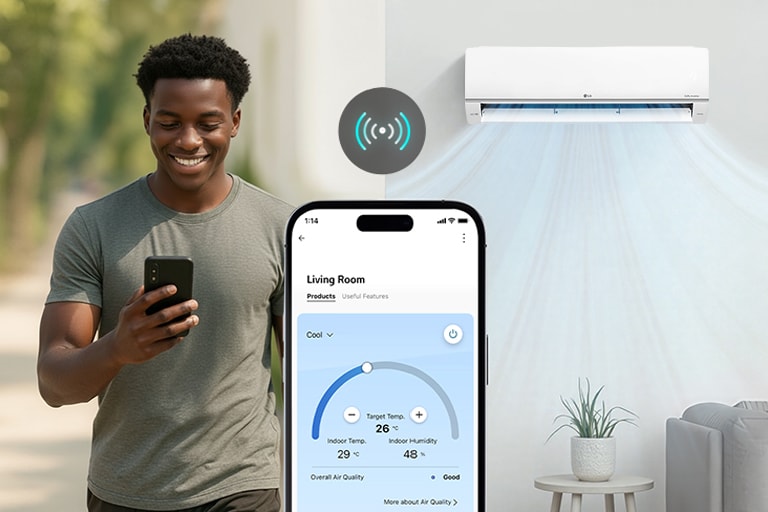 A man outdoors using the LG ThinQ app on his smartphone to remotely control his home air conditioner from anywhere.	