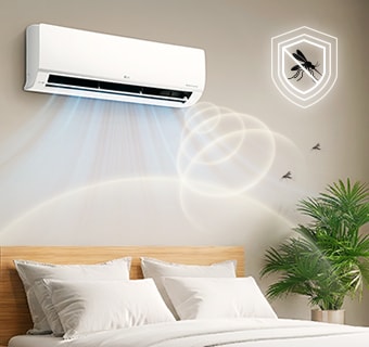 An air conditioner in a bedroom using ultrasonic waves to repel mosquitoes, shown with a shield icon.	