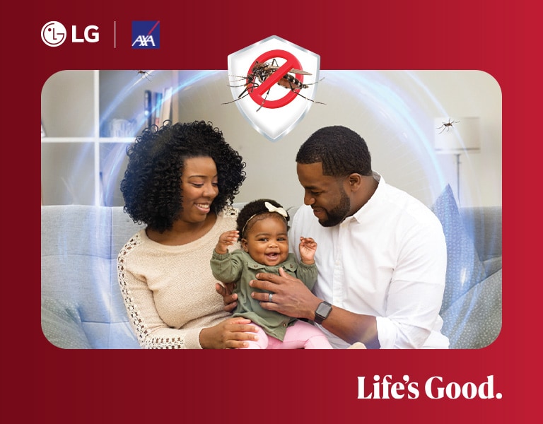 Family enjoying LG and AXA mosquito care solution in a living room with mosquito protection graphic.