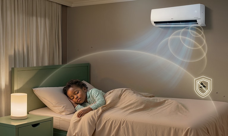 A child sleeping peacefully as a wall-mounted AC emits soft ultrasonic waves to protect against mosquito bites.	