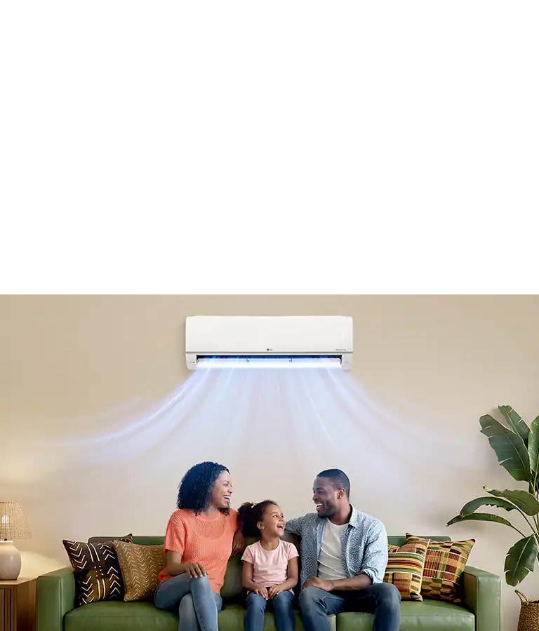 A happy family enjoys wide airflow from an AC with Power Mode, featuring 16°C cooling, auto swing, and non-stop operation.	