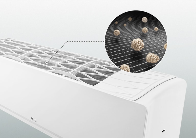 Close-up of an AC Pre-Filter trapping large dust particles on a mesh to deliver cleaner air and fresher cooling.	