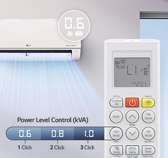 An air conditioner that allows setting the power in three steps via the remote control.