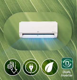 An air conditioner and 3 energy saving icons (coins, plugs, leaves) on an abstract background reminiscent of a leaf.