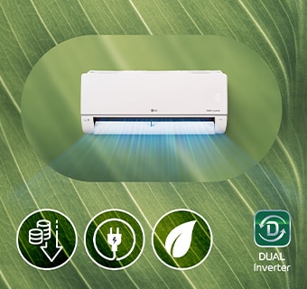 An air conditioner and 3 energy saving icons (coins, plugs, leaves) on an abstract background reminiscent of a leaf.