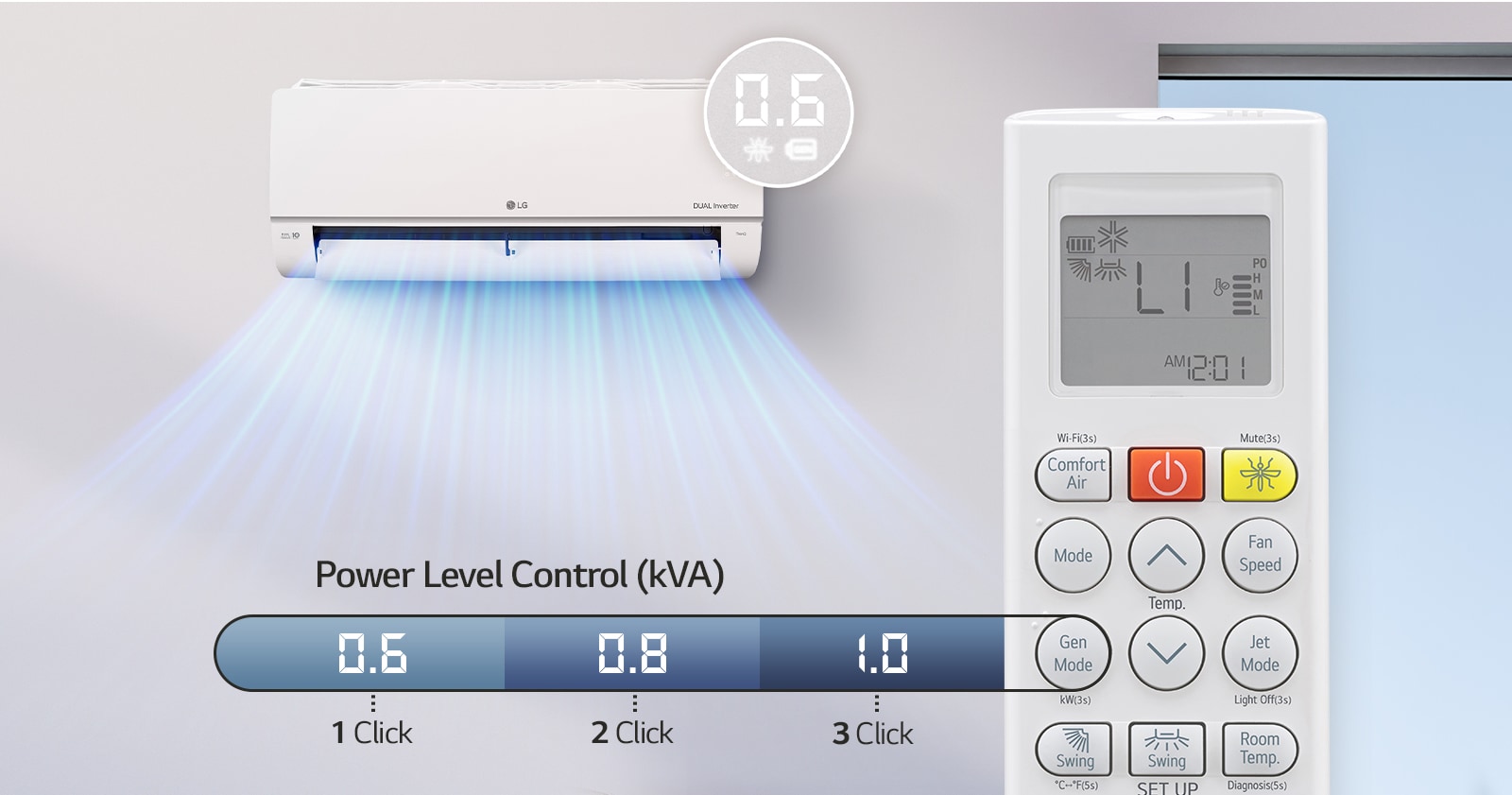 An air conditioner that allows setting the power in three steps via the remote control.