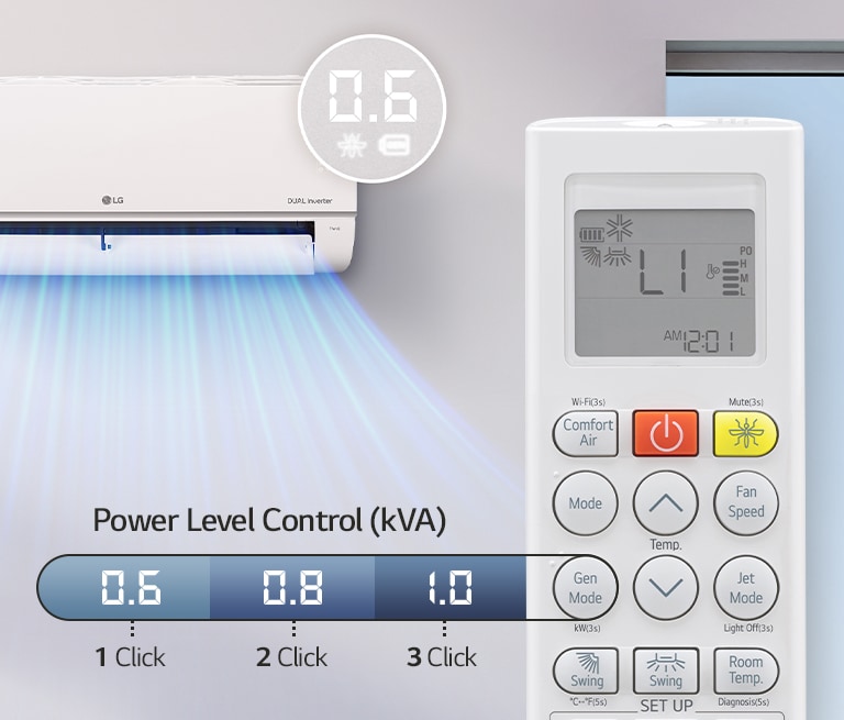 An air conditioner that allows setting the power in three steps via the remote control.