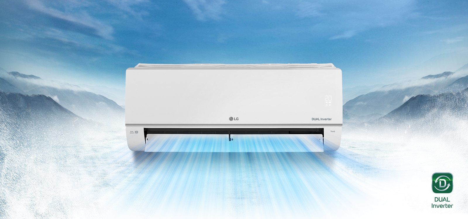 An air conditioner with a cool airflow on background of the snow mountain.